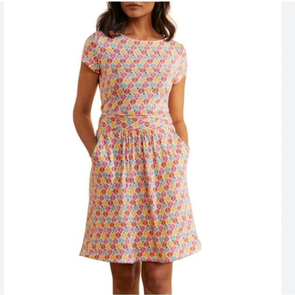 Boden Amelie Print Ruched Waist Jersey Dress, Ivory Palm Tile Print, Size 14R